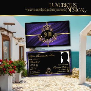 Opulent Royal Blue Gold Crown with Monogram Photo Business Card