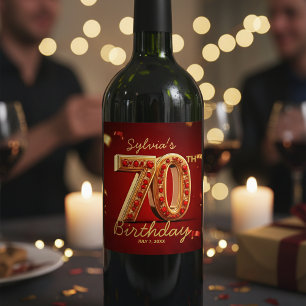 Opulent Ruby Red Gold Glitter 70th Birthday Wine Label