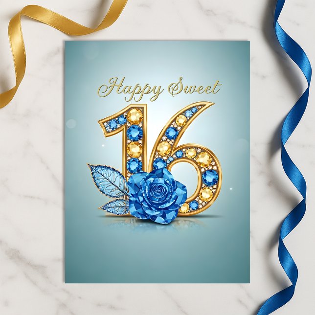 Opulent Sapphire Blue Crystal Rose Gold Sweet 16 Postcard (Creator Uploaded)