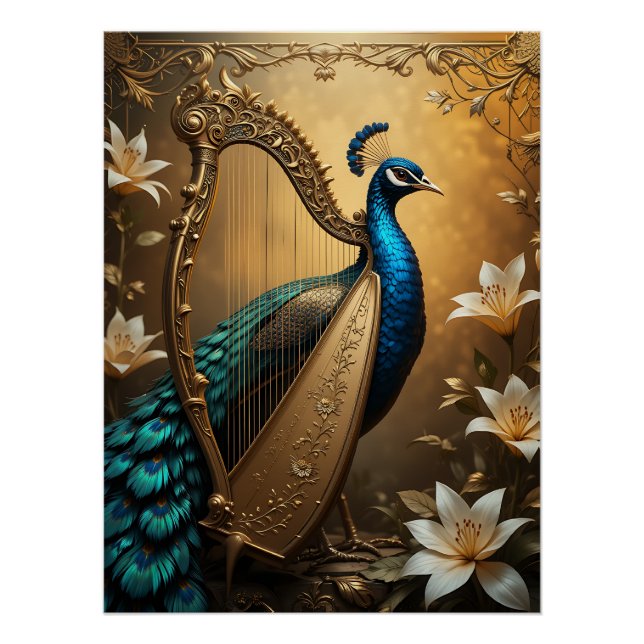 Opulent Serenade: Peacock Harpist Poster (Front)