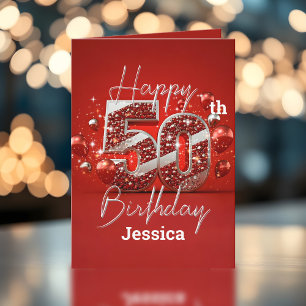 Opulent Shimmering Red and Silver 50th Birthday Card