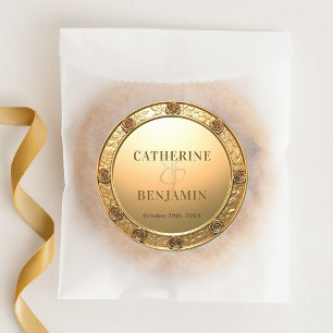 Opulent Shiny Gold Sculpted Roses Border Wedding Classic Round Sticker