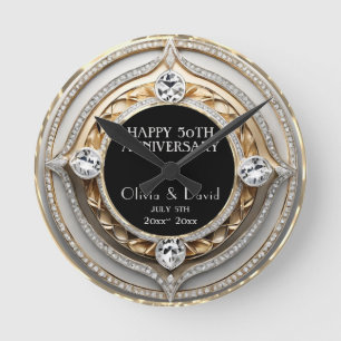 Opulent Silver Diamonds Wedding Anniversary Round Clock