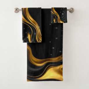 Opulent Swirl Liquid Gold Black Monochro Christian Bath Towel Set