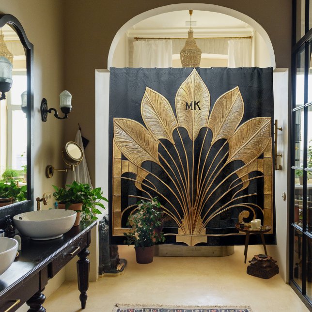 Opulent Trendy 1920's Art Deco Black and Gold  Shower Curtain (Bold black and gold Art Deco inspired shower curtain for business or home with personalized initials)