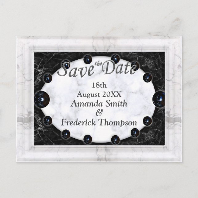 Opulent  White & Black Marble + Spheres Announcement Postcard (Front)