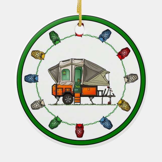 Opus Pop Up Camper RV happy camper Ceramic Ornament (Back)