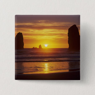 OR, Oregon Coast, Cannon Beach, seastacks at 2 15 Cm Square Badge