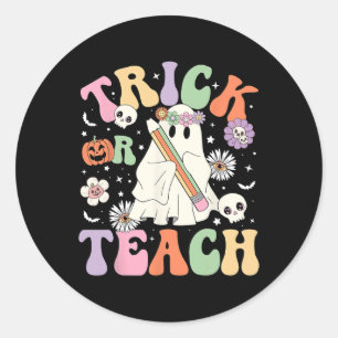 Or Teach Cute Teacher Halloween Retro Floral Ghost Classic Round Sticker