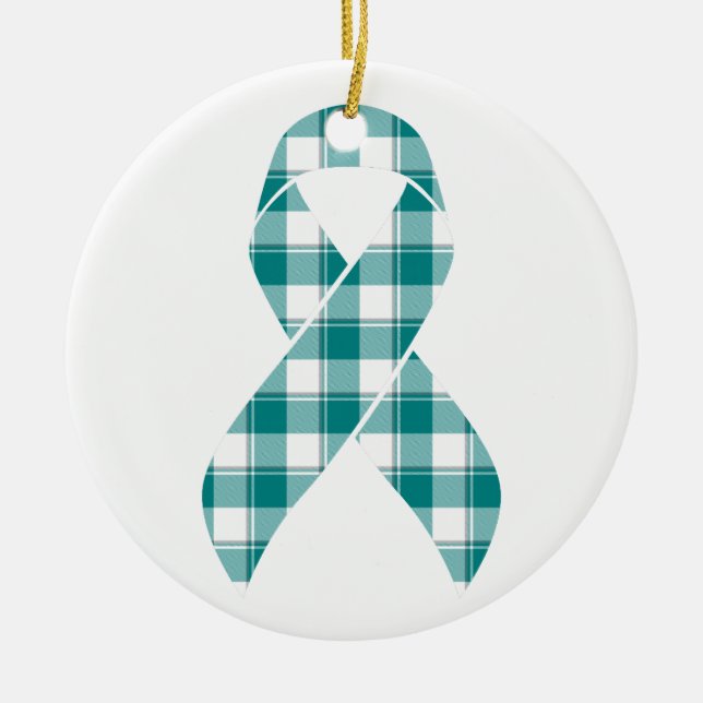 Oral Cancer Awareness Plaid Teal Ribbon Ceramic Ornament (Front)