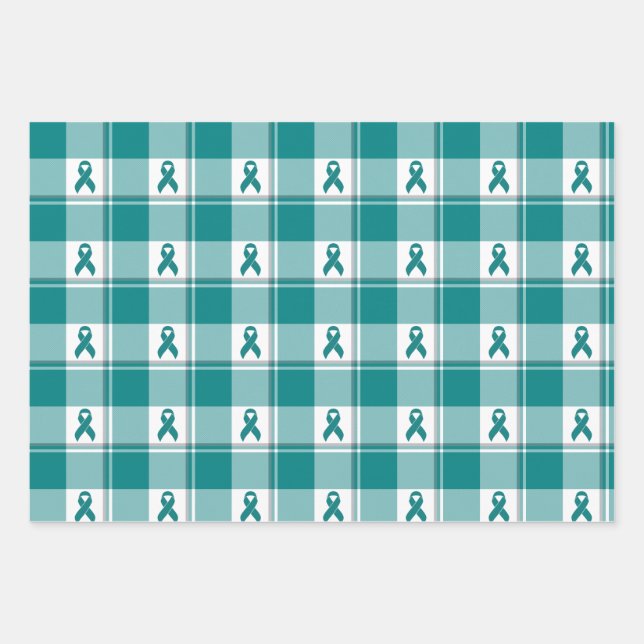 Oral Cancer Awareness Plaid Teal Ribbon Wrapping Paper Sheet (Front)