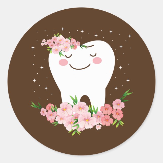 Oral Hygienist Tooth Flower Funny Dental Classic Round Sticker (Front)
