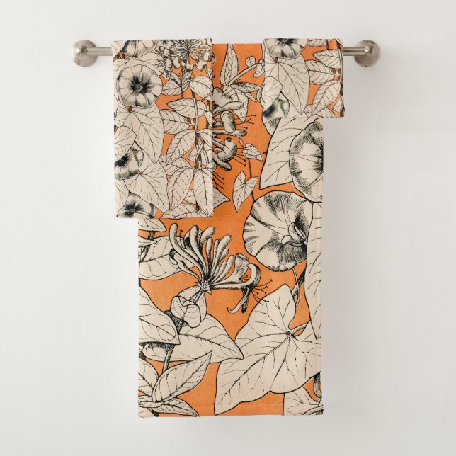 Orang White Graphic Flowers Pattern Bath Towel Set (Insitu)
