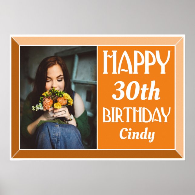 Orange 30th Art Deco Birthday Photo Poster (Front)