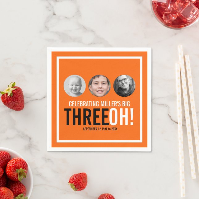 Orange 30th birthday big Three OH! custom photo  Napkin (Insitu)