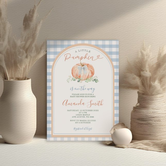 Orange A Little Pumpkin Blue Gingham Baby Shower Invitation (Creator Uploaded)