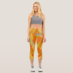 Orange Abstract Art Capri Yoga Exercise Leggings