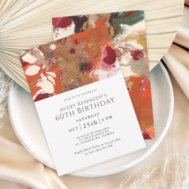 Orange Abstract Boho 60th Birthday Party Invitation (An artful abstract 60th birthday invitation for the modern contemporary.)