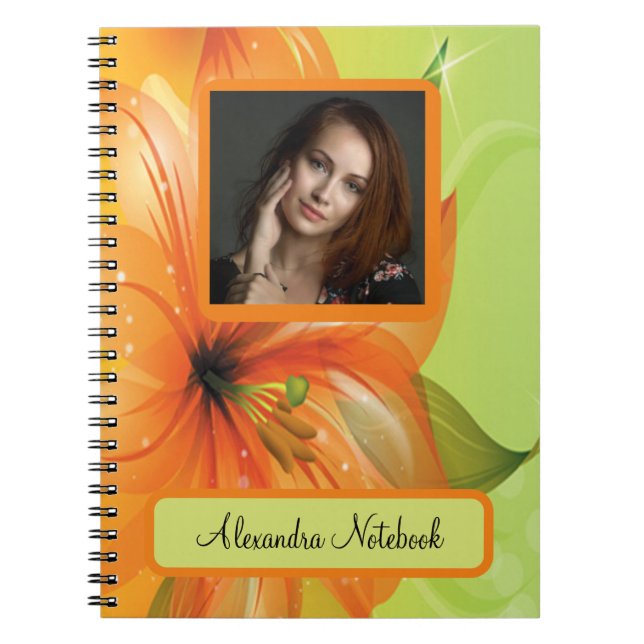 Orange Abstract Fantasy Flower Photo Monogram  Notebook (Front)