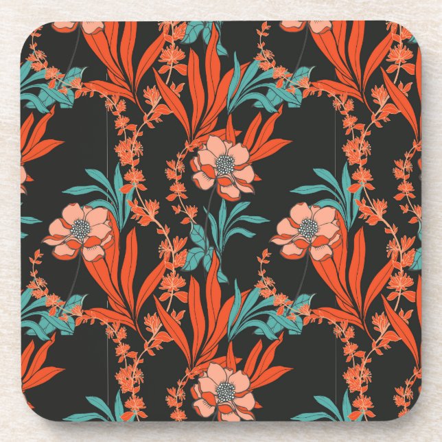 Orange Abstract Floral Pattern Coaster (Front)