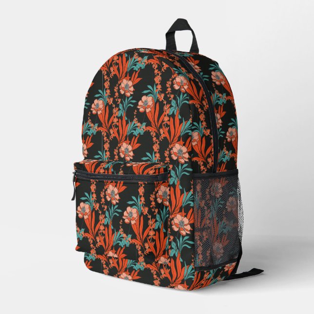 Orange Abstract Floral Pattern Printed Backpack (Back Corner Right)