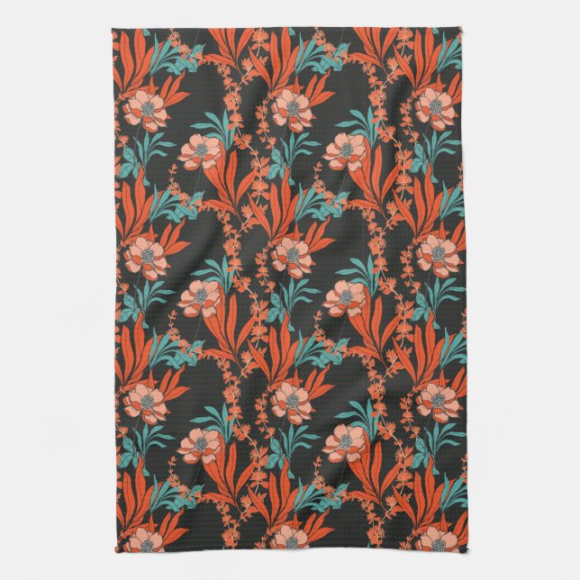 Orange Abstract Floral Pattern Tea Towel (Vertical)