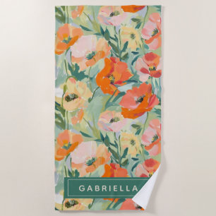 Orange Abstract Poppy Floral Personalised Beach Towel