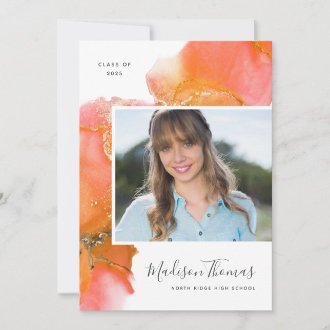 Orange Abstract Watercolor Photo Graduation Party Invitation (Front)