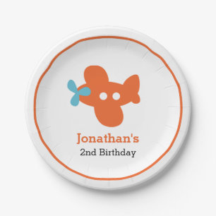 Orange Aeroplane Boy Birthday Personalised Paper Plate