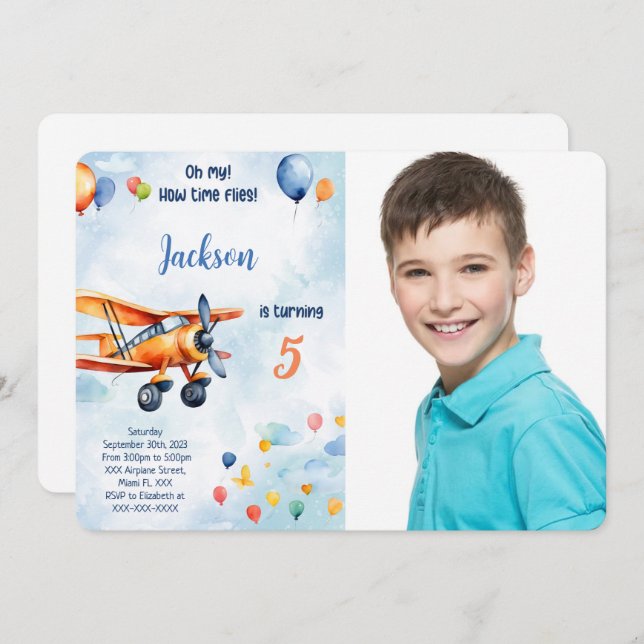 Orange Aeroplane Kids Birthday Party Photo Invitation (Front/Back)