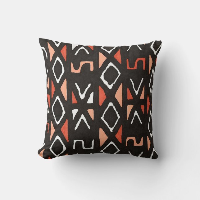 Orange African Mudcloth Tribal Print Cushion (Front)