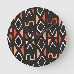 Orange African Mudcloth Tribal Print Round Clock