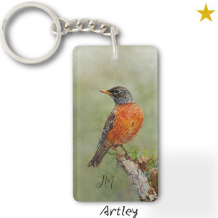 Orange American Robin Bird Painting Initials Key Ring