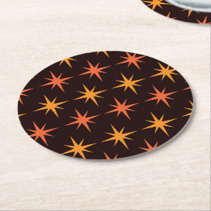 Orange and Amber Starburst Mid Century Modern Round Paper Coaster