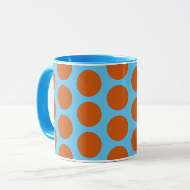 Orange and Aqua Blue Polka Dot Art Mug Cup (Front Left)