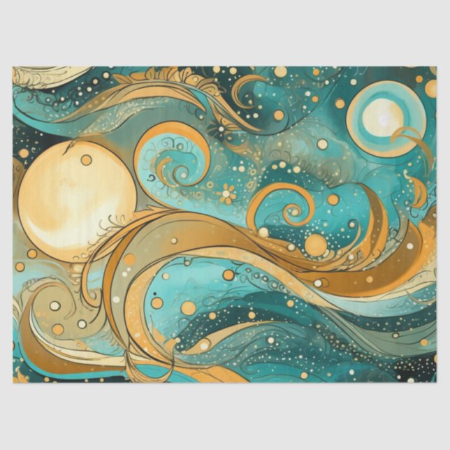Orange and Aqua Galaxy With Moons Stars and Swirls Tissue Paper (Front)