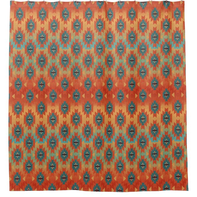Orange and Aqua Ombre, Southwestern Shower Curtain (Front)