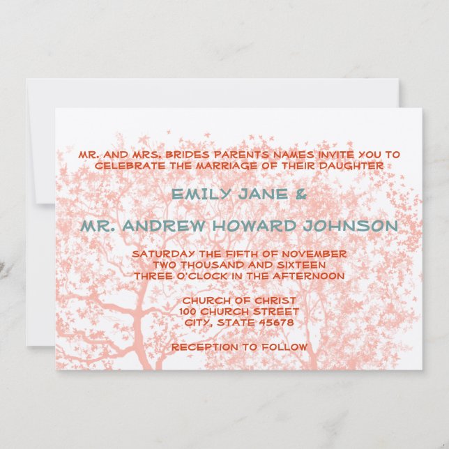Orange and Aqua Tree Weddings Personalised Invite (Front)