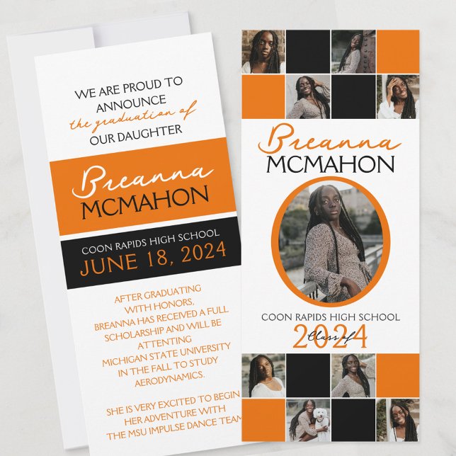 Orange and Black 9 Photo Graduation Announcement (9 Phot Elegant White, Orange and Black Graduation Photo Announcements)