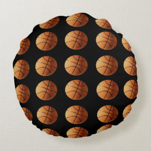 Orange And Black Basketball Pattern, Round Cushion