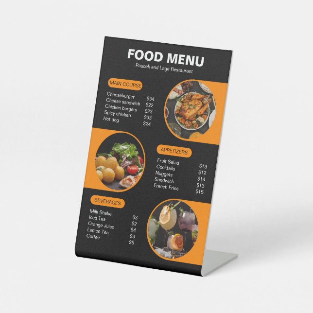 Orange and Black Bold Geometric Restaurant Menu Pedestal Sign (Front)