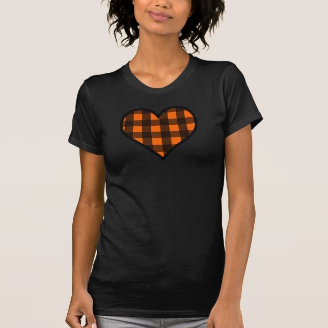 Orange and Black Buffalo Plaid Heart T-Shirt (Front)