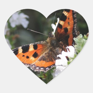 Orange and Black Butterfly on White Flowers Heart Sticker