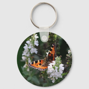 Orange and Black Butterfly on White Flowers Key Ring