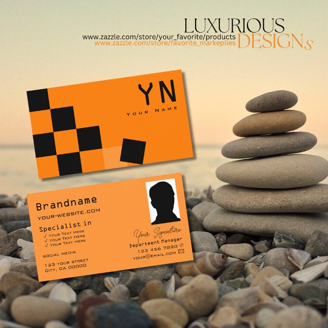 Orange and Black Chessboard with Monogram & Photo Business Card (Creator Uploaded)