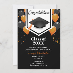 Orange and black confetti graduation invitation
