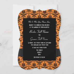 Orange and black damask formal wedding invitation