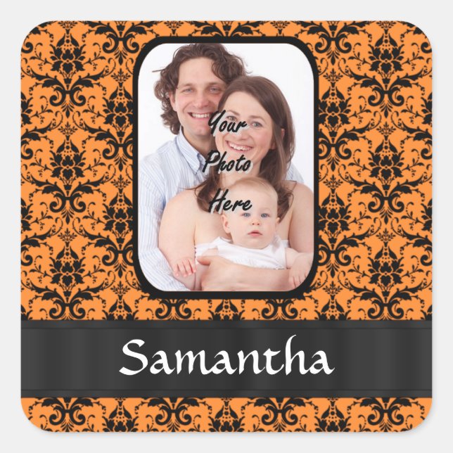 Orange and black damask square sticker (Front)