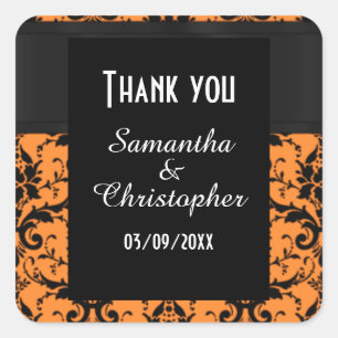 Orange and black damask thank you square sticker