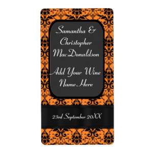Orange and black damask wedding wine bottle